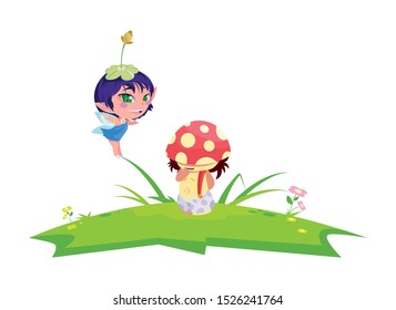 beautiful magic fairy and fungu elf in the garden vector illustration design