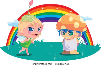 beautiful magic fairy and fungu elf with rainbow scene vector illustration design