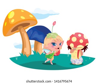 beautiful magic fairy and fungus elf in the garden