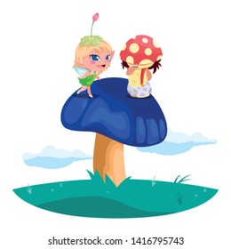 beautiful magic fairy and fungus elf in the garden