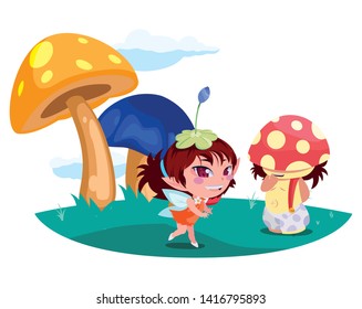 beautiful magic fairy and fungus elf in the garden
