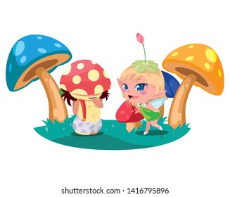 beautiful magic fairy and fungus elf in the garden