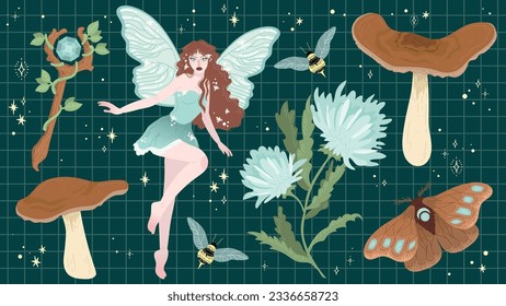 Beautiful Magic Fairy Set: fairy, moth, mushrooms, wand and flowers