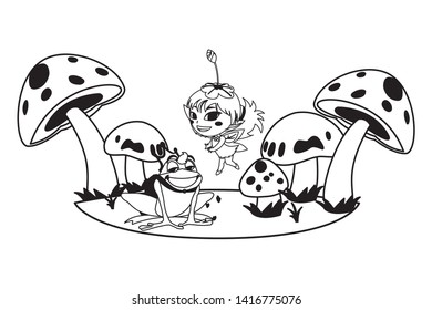 beautiful magic fairy with toad prince in the garden