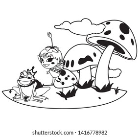 beautiful magic fairy with toad prince in the garden