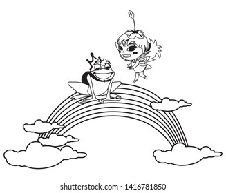 beautiful magic fairy with toad prince and rainbow