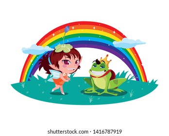 beautiful magic fairy with toad prince and rainbow