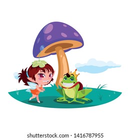 beautiful magic fairy with toad prince in the garden