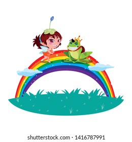 beautiful magic fairy with toad prince and rainbow
