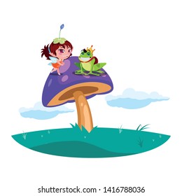beautiful magic fairy with toad prince in the garden