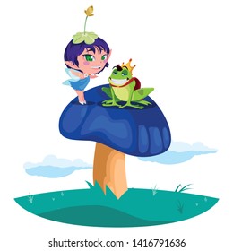 beautiful magic fairy with toad prince in the garden