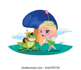 beautiful magic fairy with toad prince in the garden