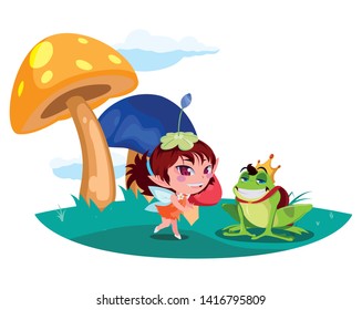 beautiful magic fairy with toad prince in the garden