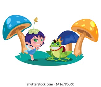 beautiful magic fairy with toad prince in the garden