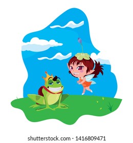 beautiful magic fairy with toad prince in the garden