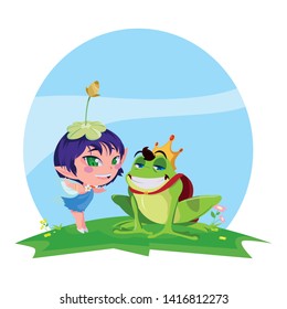beautiful magic fairy with toad prince in the garden