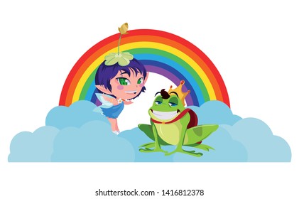 beautiful magic fairy with toad prince and rainbow