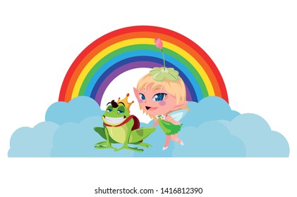 beautiful magic fairy with toad prince and rainbow