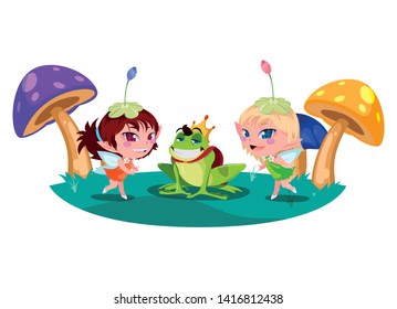 beautiful magic fairy with toad prince in the garden