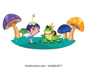 beautiful magic fairy with toad prince in the garden