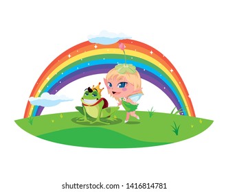 beautiful magic fairy with toad prince and rainbow