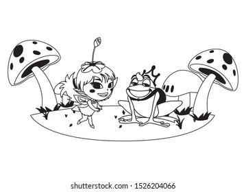 beautiful magic fairy with toad prince in the garden vector illustration design