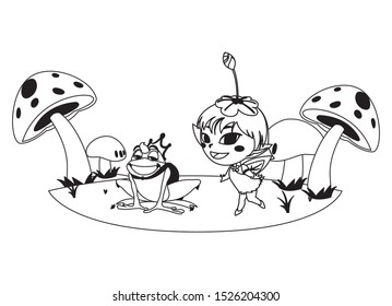 beautiful magic fairy with toad prince in the garden vector illustration design