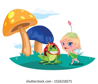 beautiful magic fairy with toad prince in the garden vector illustration design