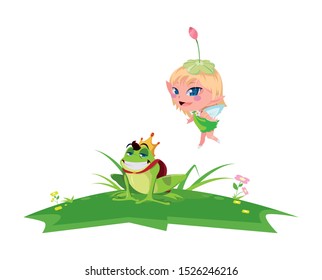beautiful magic fairy with toad prince in the garden vector illustration design