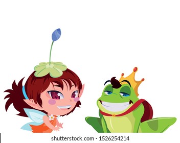 beautiful magic fairy with toad prince characters vector illustration design