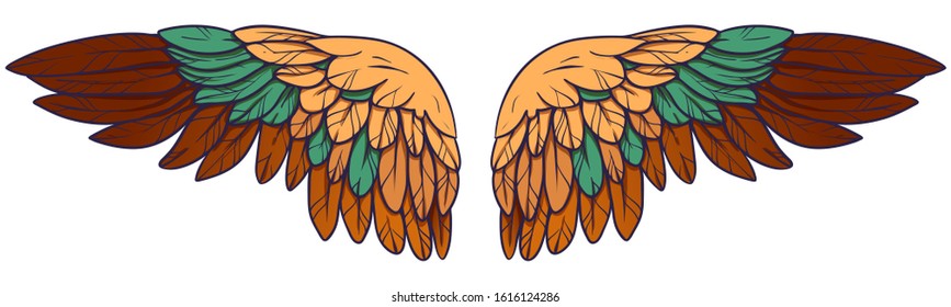 Beautiful magic fiery phoenix wings with green feathers, vector