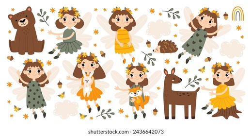 Hermosas hadas del bosque mágico con animales fantasía de cuento de hadas con flor y hierbas elemento de diseño. Pequeña niña linda pixie de bosque con alas volando, hablando con oso, ilustración vectorial de ciervo