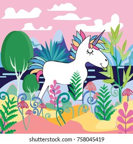 Beautiful magic forest scene with Cute Magical Unicorn illustration.