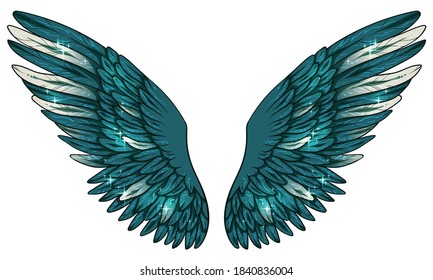 Beautiful magic glittery angel dark turquoise wings with white feathers, vector