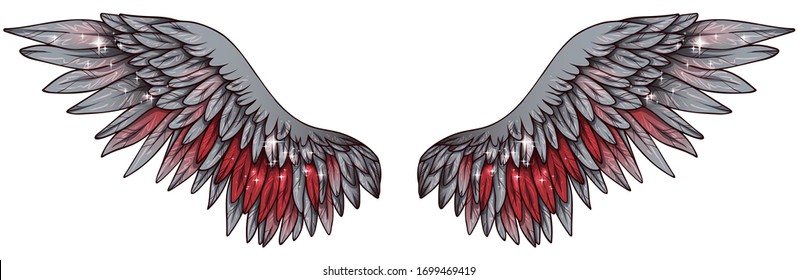 Beautiful magic glittery angelic grey wings with red feathers, vector