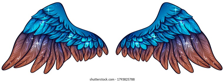 Beautiful magic glittery blue brown backgound angel wings, vector