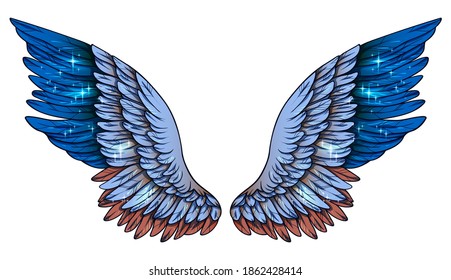 Beautiful magic glittery blue orange vector wings