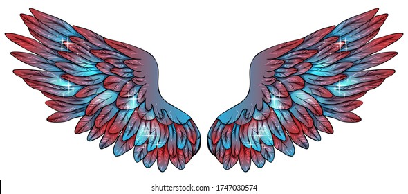 Beautiful magic glittery blue pink angel wings, vector