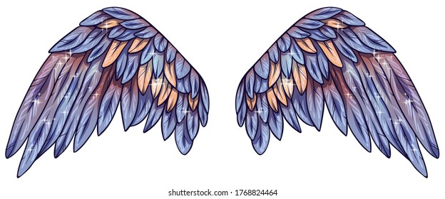 Beautiful magic glittery blue pink vector wings