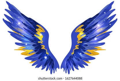 Beautiful magic glittery blue yellow golden wings, vector