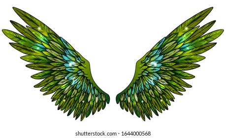 Beautiful magic glittery bright green wings with blue feathers, vector