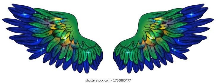 Beautiful magic glittery bright peacock wings, vector