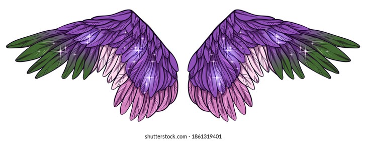 Beautiful magic glittery bright purple green pink wings, vector