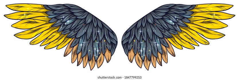 Beautiful magic glittery glowing grey yellow wings, vector