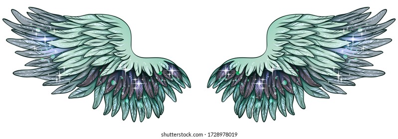 Beautiful magic glittery glowing mint grey angelic wings, vector