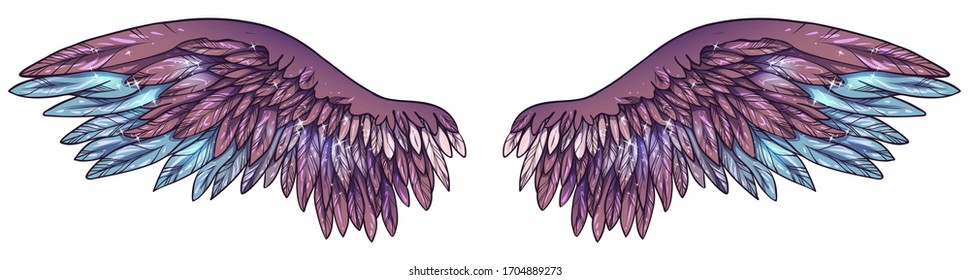 Beautiful magic glittery glowing shiny violet purple blue vector angel wings