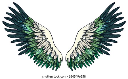 Beautiful magic glittery green wings, vector