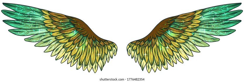 Beautiful magic glittery green yellow brown vector wings