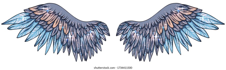 Beautiful magic glittery grey blue angel wings, vector