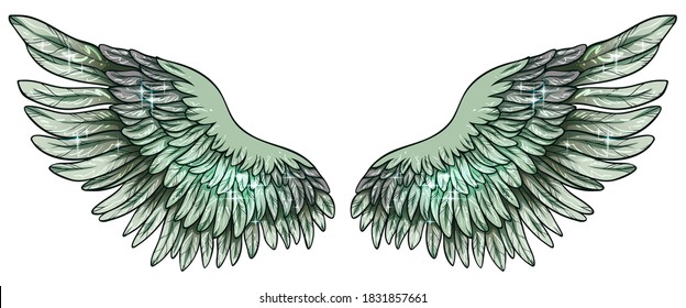 Beautiful magic glittery light green shiny vector wings